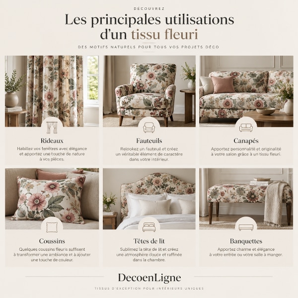Infographie présentant les principales utilisations d'un tissu fleuri en décoration intérieure : rideaux, fauteuils, canapés, coussins, têtes de lit et banquettes.
